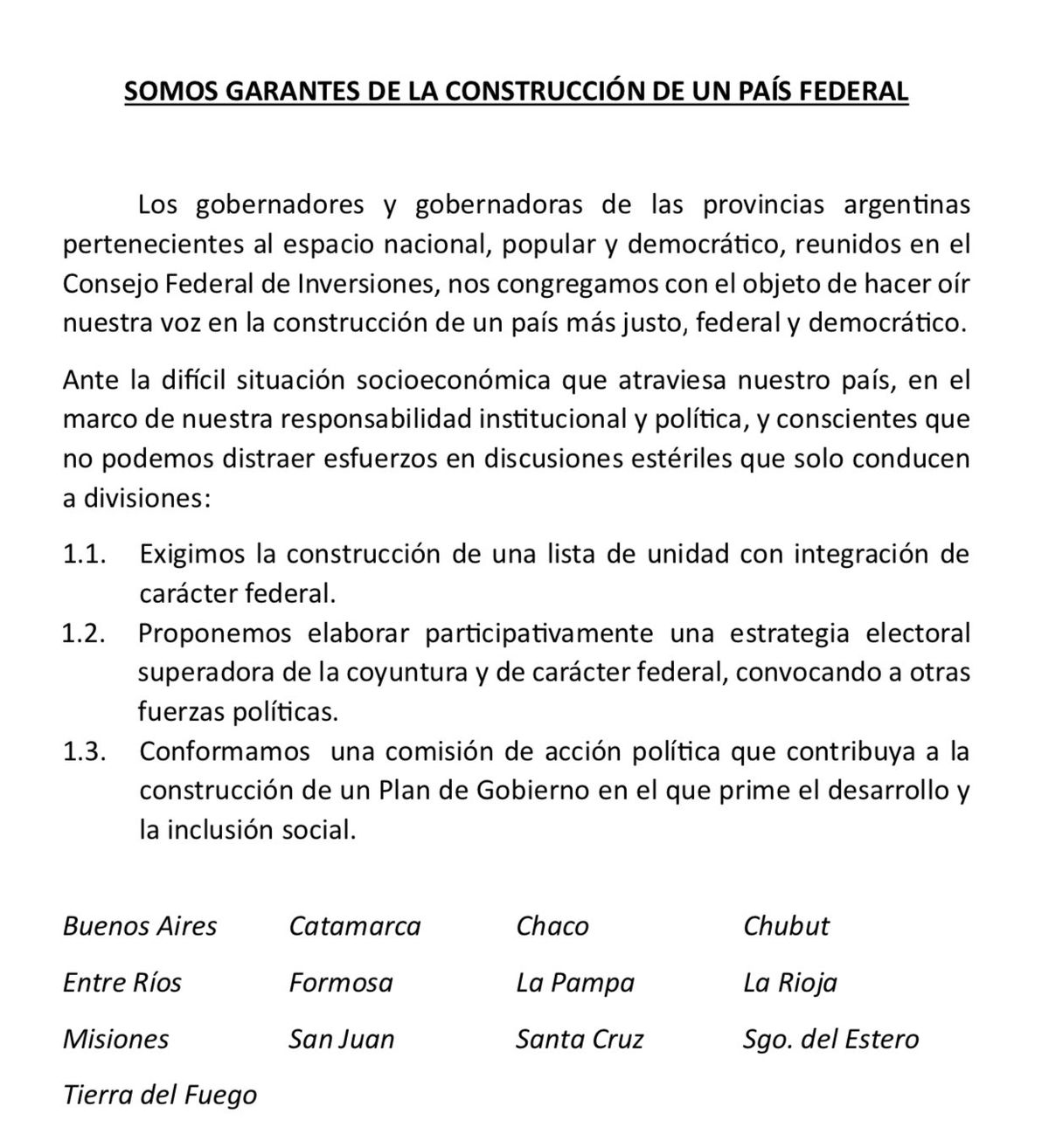 El documento de los gobernadores que se reunieron este miércoles en el CFI. El documento de los gobernadores que se reunieron este miércoles en el CFI.