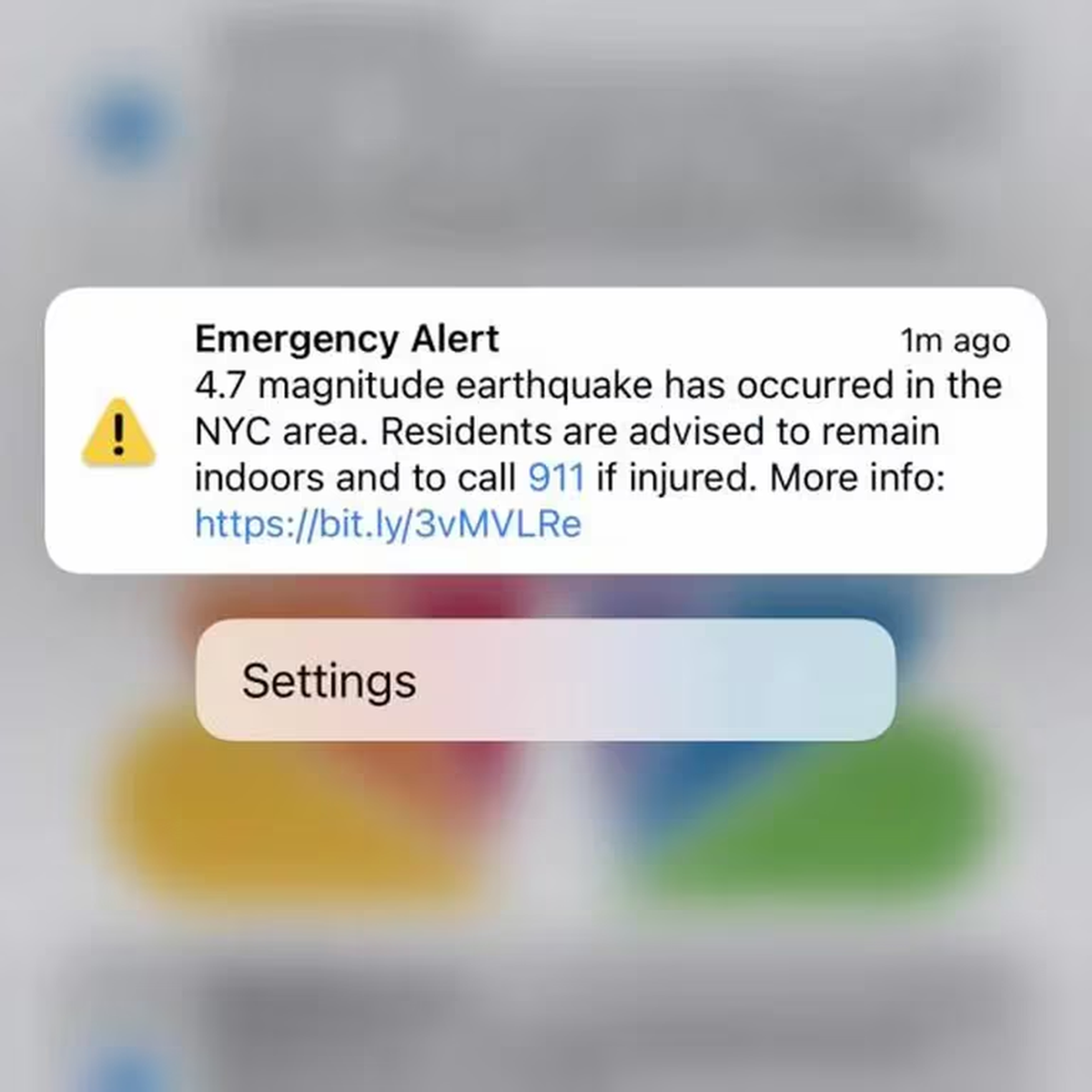 El alerta en sms que le llegó a los ciudadanos de Nueva York por el sísmo. El alerta en sms que le llegó a los ciudadanos de Nueva York por el sísmo.