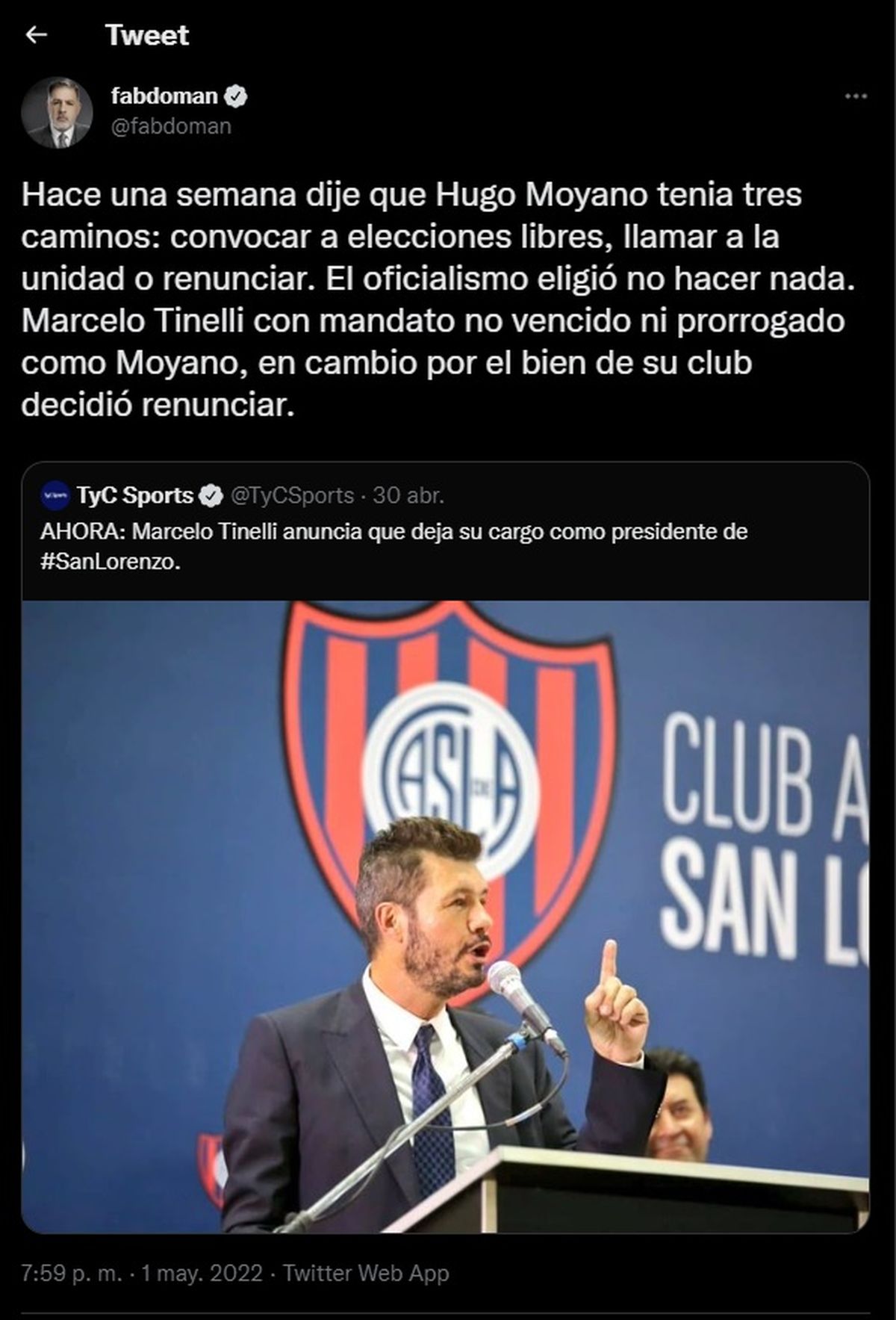 Tweet de Fabián Doman, comparando la decisión de Marcelo Tinelli con la actualidad de Independiente y Hugo Moyano. (Foto: Captura @fabdoman).