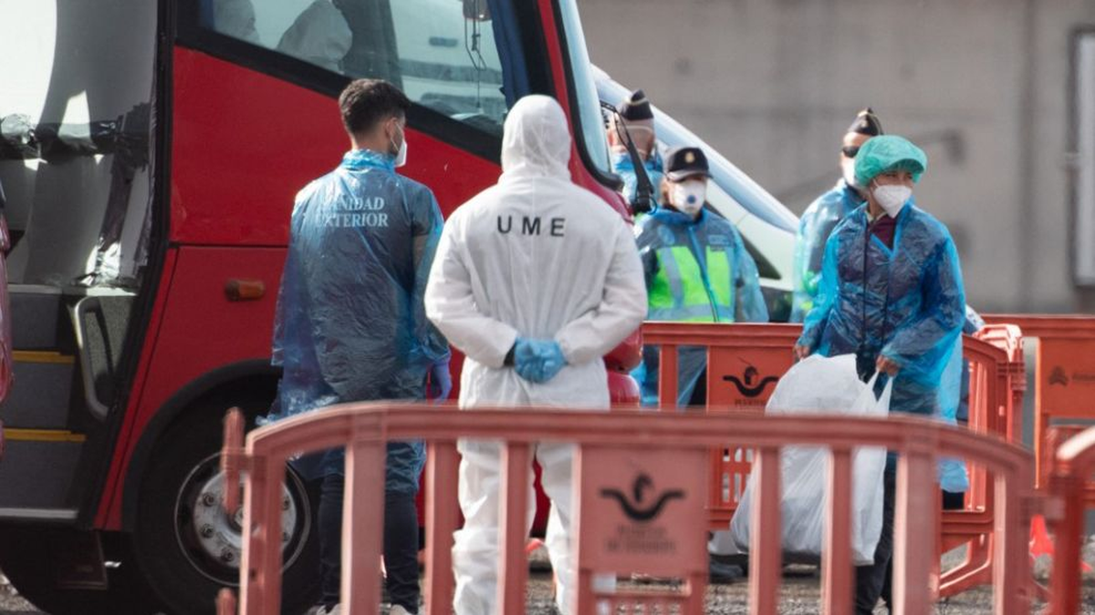Los primeros en bajar fueron 14 ciudadanos españoles, trasladados en colectivos con separación física entre conductor y pasajeros. Según lo previsto, llegaron a Madrid para cumplir cuarentena en un hospital militar. Los primeros en bajar fueron 14 ciudadanos españoles, trasladados en colectivos con separación física entre conductor y pasajeros. Según lo previsto, llegaron a Madrid para cumplir cuarentena en un hospital militar.