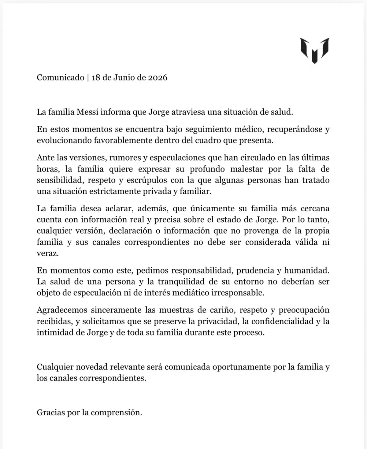 Comunicado de la familia Messi. Comunicado de la familia Messi.