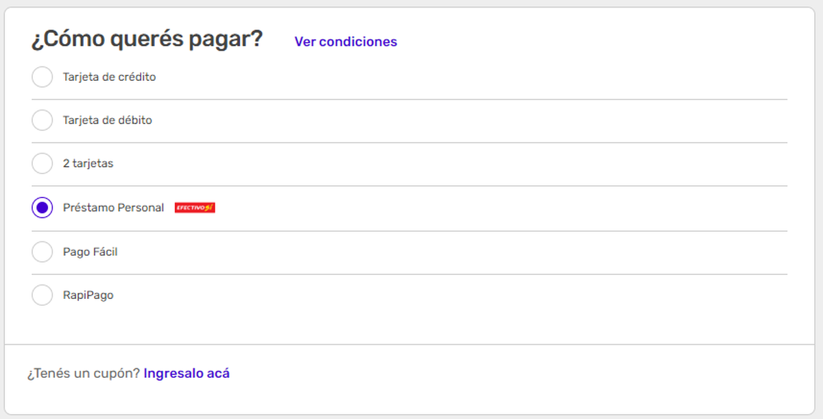 Dentro de las opciones de pago se debe elegir "Préstamo Personal". Foto: Despegar.com