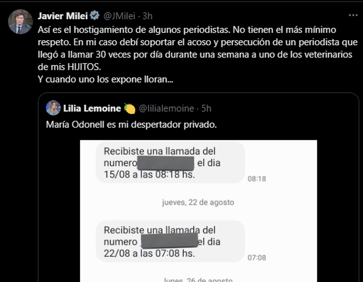 El comentario de Milei al posteo de Lemoine donde habla de "hostigamiento", "acoso" y "persecución" a su veterinario, por parte de un periodista que no mencionó. El comentario de Milei al posteo de Lemoine donde habla de "hostigamiento", "acoso" y "persecución" a su veterinario, por parte de un periodista que no mencionó.