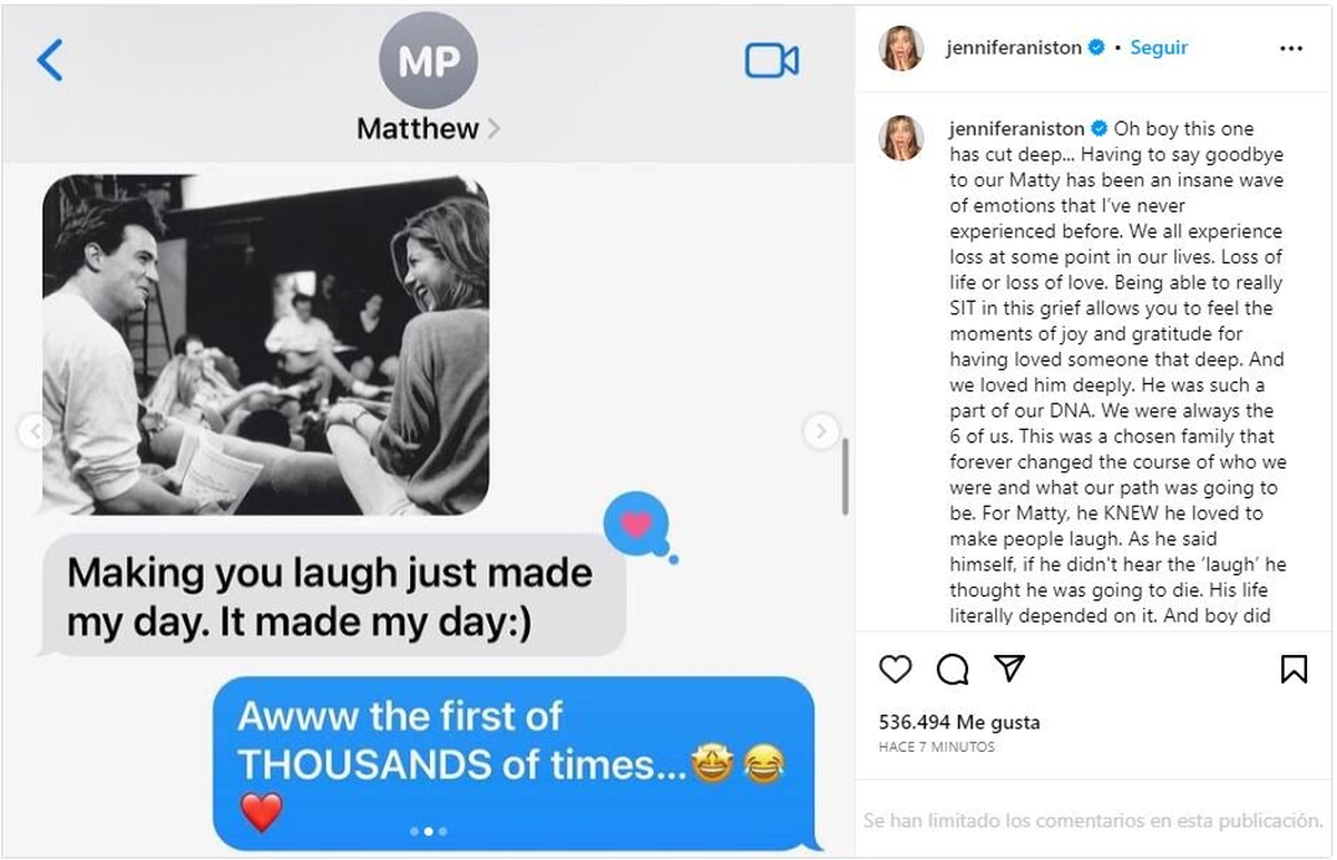 El mensaje de Jennifer Aniston a Matthew Perry. El mensaje de Jennifer Aniston a Matthew Perry.