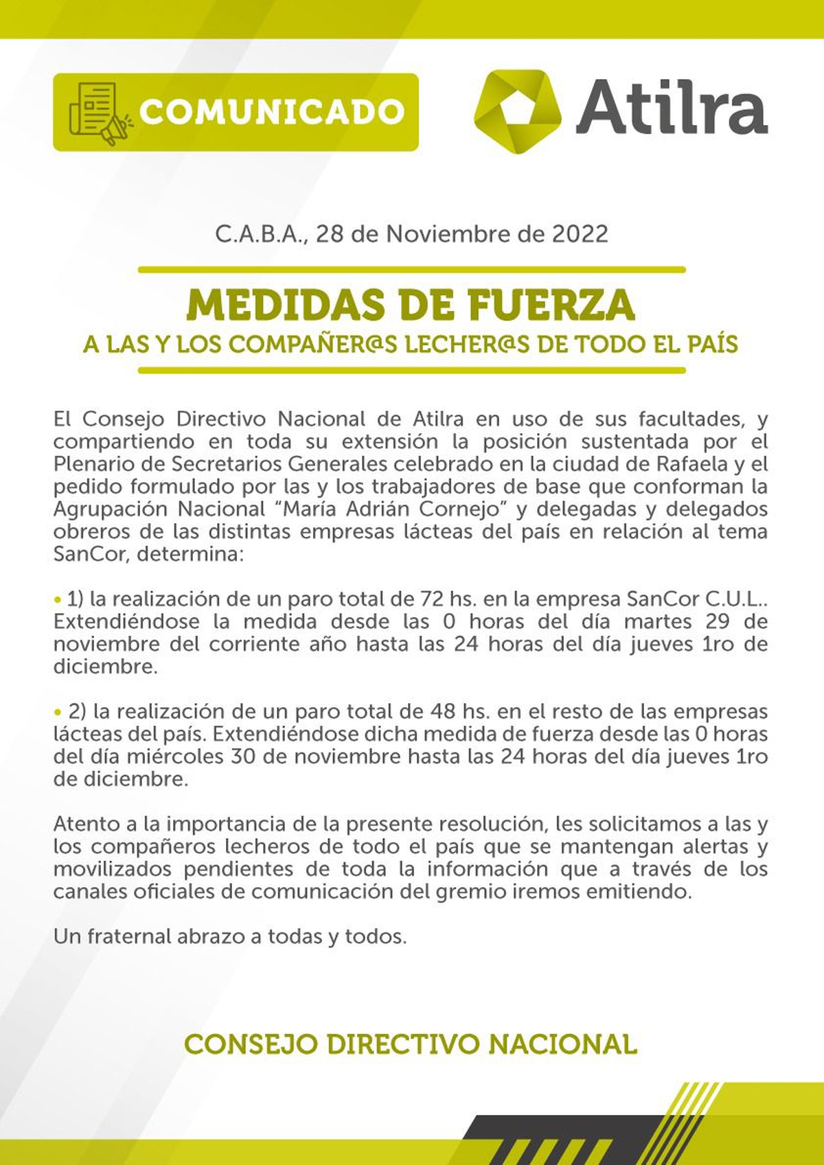 El paro de Atilra que podría ocasionar faltantes de lácteos en comercios.
