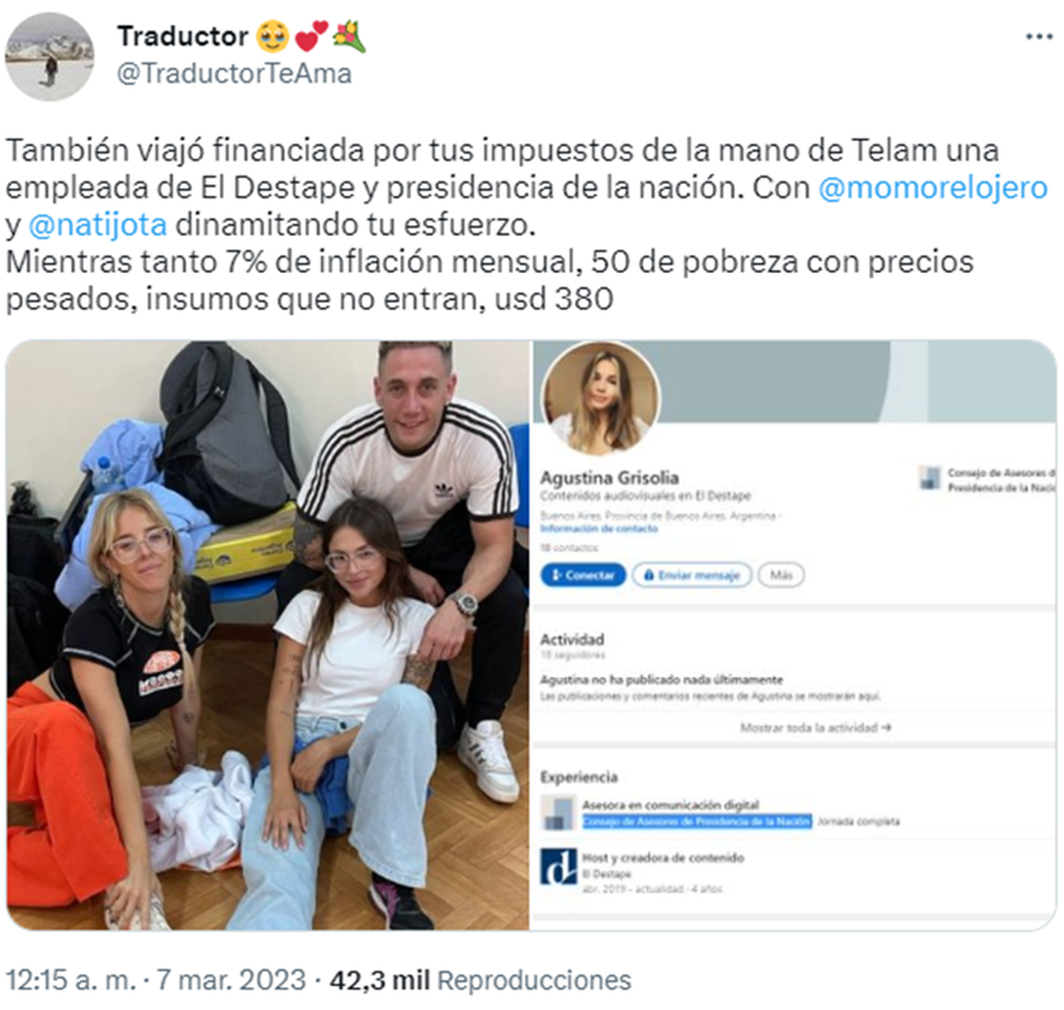 The user @TraductorTeAma was one of those who was most outraged and who denounced the alleged partisan links of the influencers. 