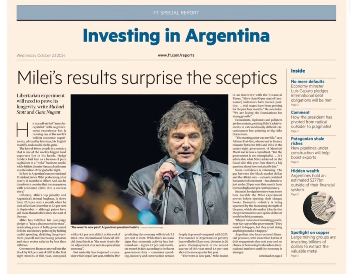 ¿Quién dijo que todos critican a Milei? El diario británico Financial Times festeja las políticas de Argentina. ¿Quién dijo que todos critican a Milei? El diario británico Financial Times festeja las políticas de Argentina.