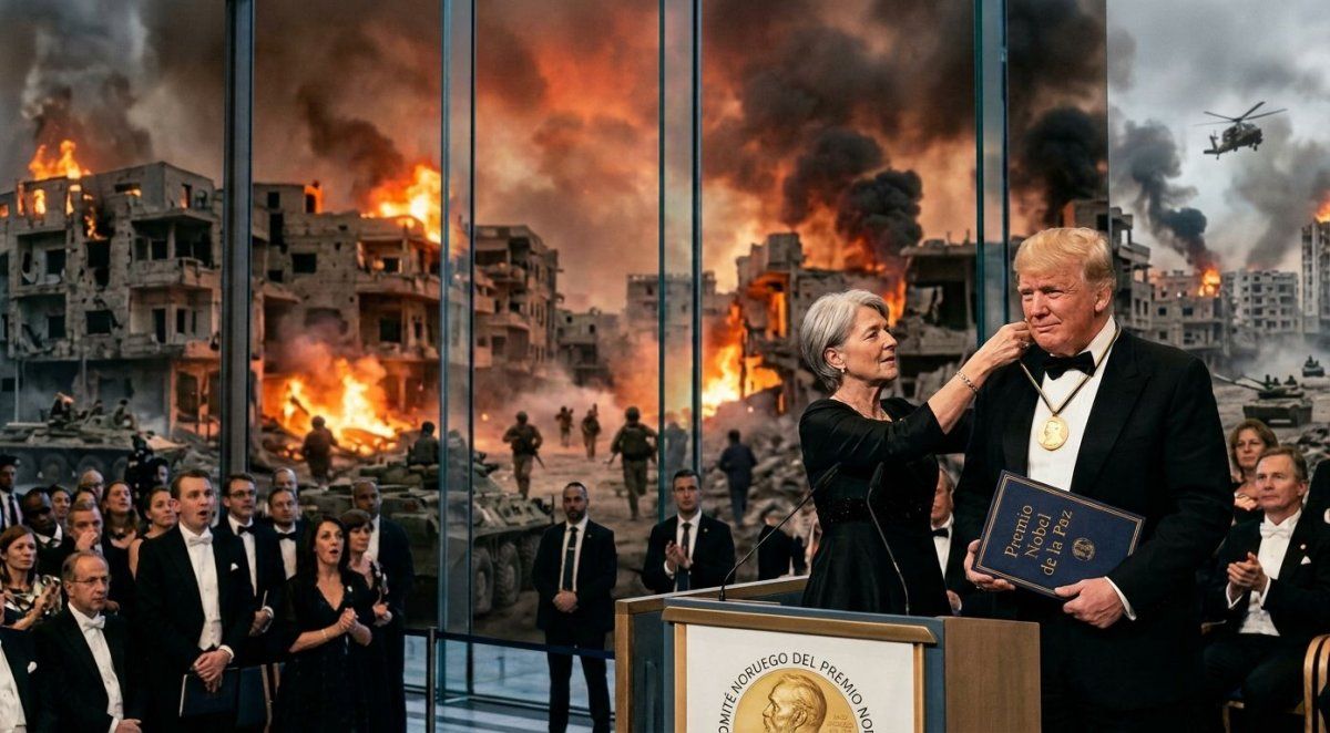 Imagen creada con IA de Trump recibiendo en Nobel de la Paz, con una guerra de fondo.