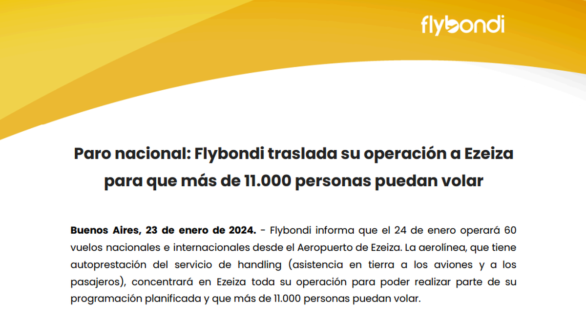 El comunicado de Flybondi manifestando su rechazo al paro nacional de la CGT. El comunicado de Flybondi manifestando su rechazo al paro nacional de la CGT.