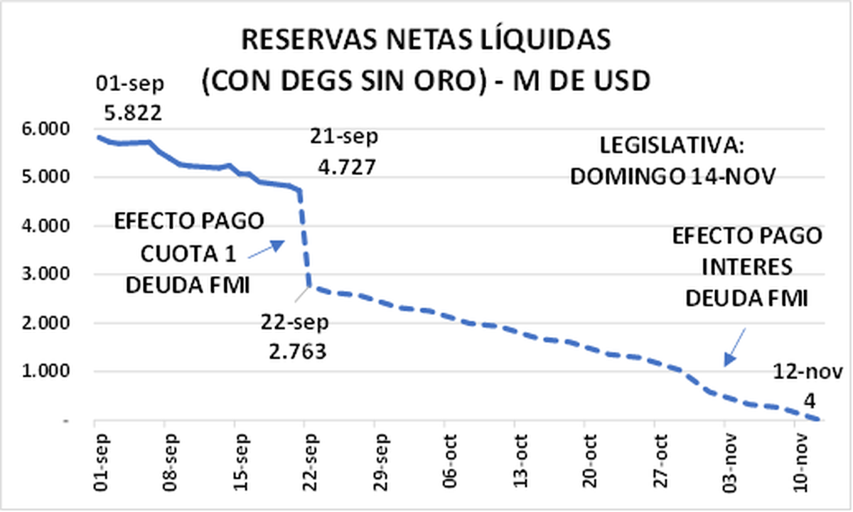 "Al ritmo de intervención (MULC + bonos) que el BCRA está llevando en septiembre, las reservas netas líquidas se agotan el viernes previo a la elección", Gabriel Rubinstein.