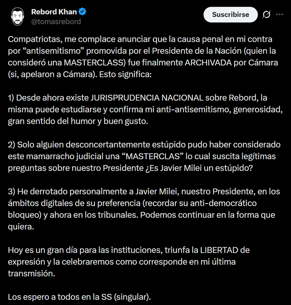 Rebord celebró el cierre judicial como una victoria política y usó el fallo para ridiculizar a Milei, que había respaldado públicamente la denuncia penal. Foto: X Rebord celebró el cierre judicial como una victoria política y usó el fallo para ridiculizar a Milei, que había respaldado públicamente la denuncia penal. Foto: X