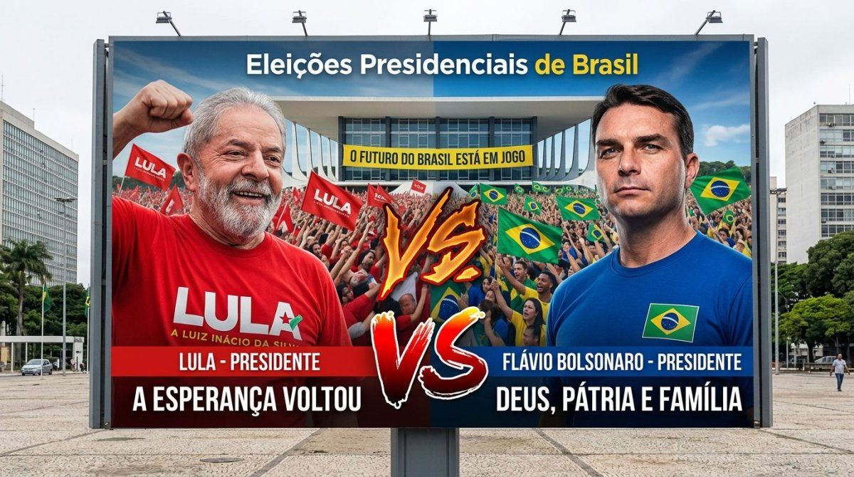 Imagen creada con IA sobre la contienda electoral que en pocos días enfrentará a Lula y Flávio Bolsonaro.