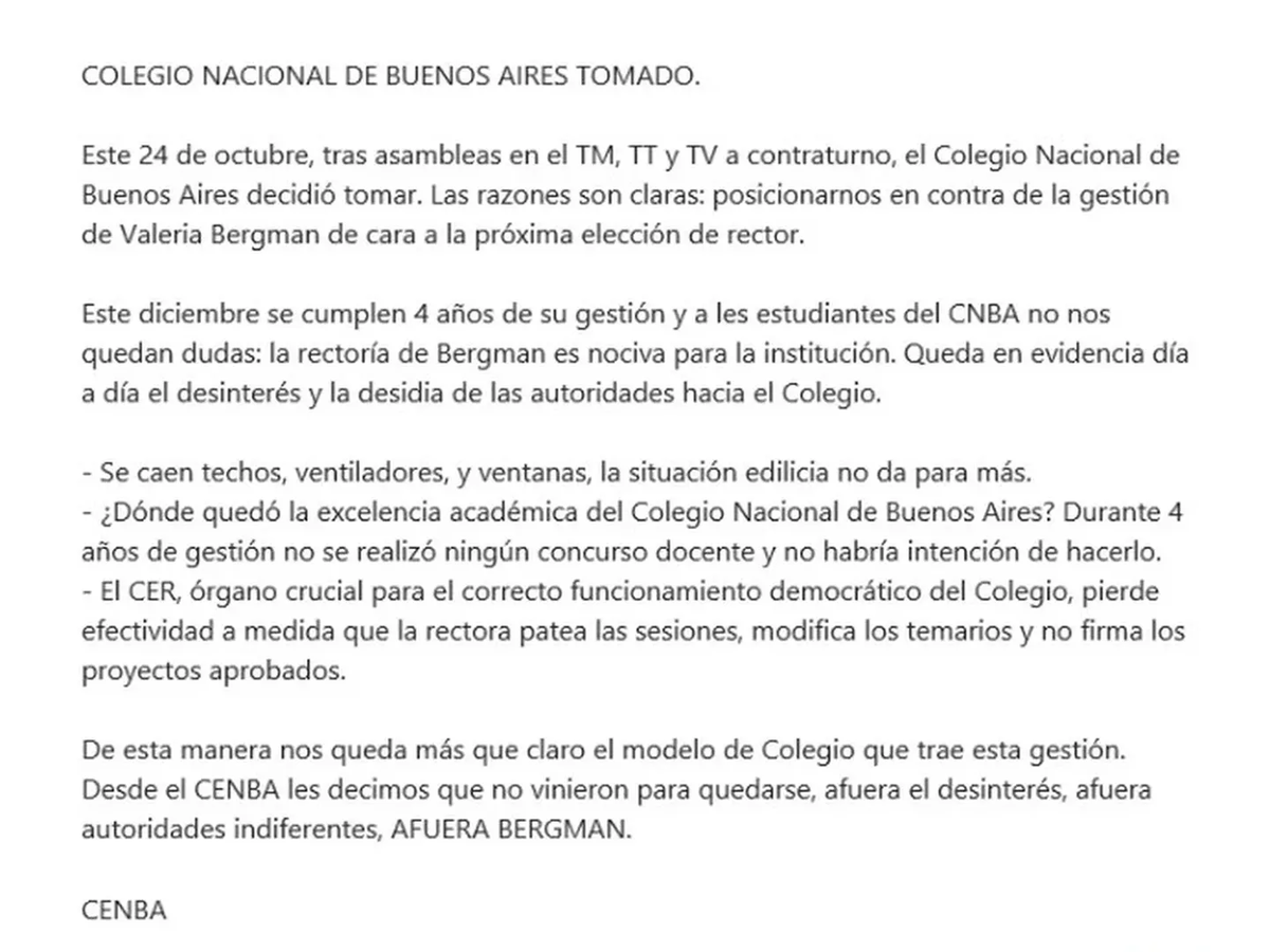 El comunicado de los alumnos del Nacional de Buenos Aires sobre la toma