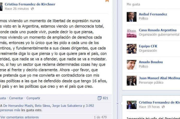 El mensaje de Cristina, textual, como aparece en Facebook