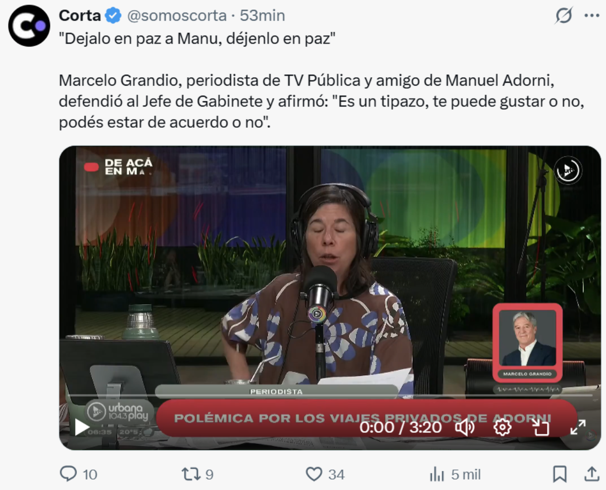El periodista Marcelo Grandio quiso defender a Manuel Adorni y le salió mal. El periodista Marcelo Grandio quiso defender a Manuel Adorni y le salió mal.
