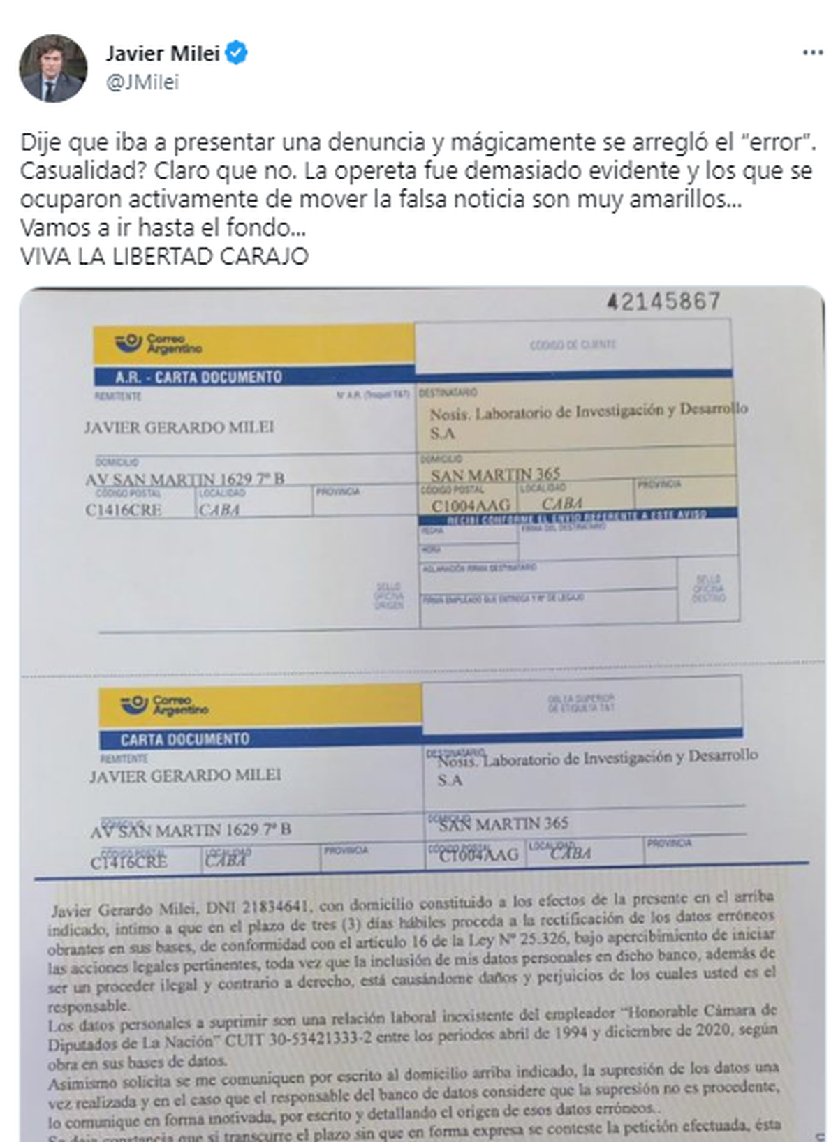 El tuit triunfante de Milei.