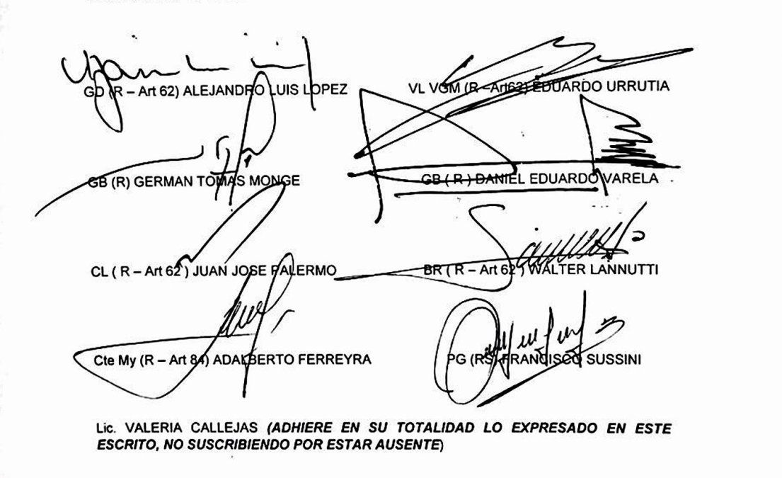 General de División RS, Alejandro Luis López;General de Brigada RS, Germán Tomás Monje;Contraalmirante RS, Juán José Palermo;Comandante Mayor RS, Adalberto Ferreyra;Vicealmirante RS, Eduardo Urrutia;Brigadier RS, Walter Lannutti;Prefecto General RS, Francisco Sussini.