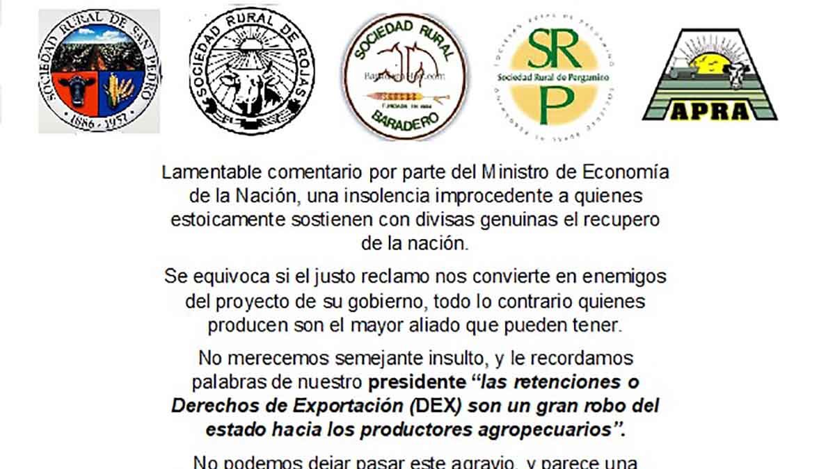 El comunicado de 10 entidades rurales contra los dichos de Luis Caputo.