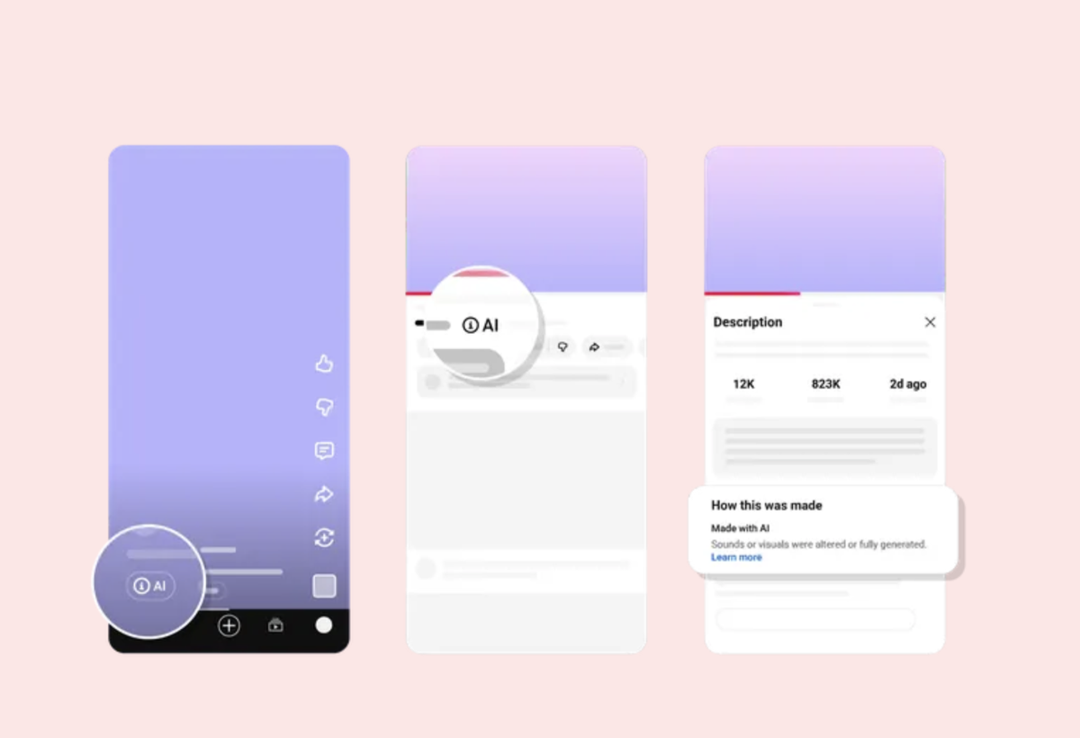 Las nuevas etiquetas aparecerán de forma más visible en Shorts y videos largos cuando YouTube detecte uso significativo de IA. Las nuevas etiquetas aparecerán de forma más visible en Shorts y videos largos cuando YouTube detecte uso significativo de IA.