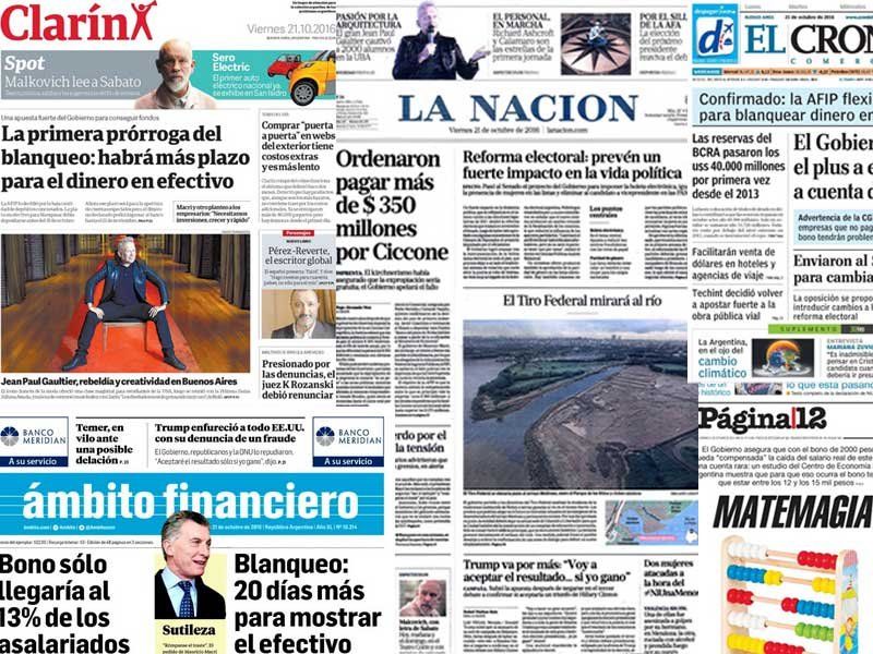 La tapa de los principales diarios nacionales de este viernes 21/10.