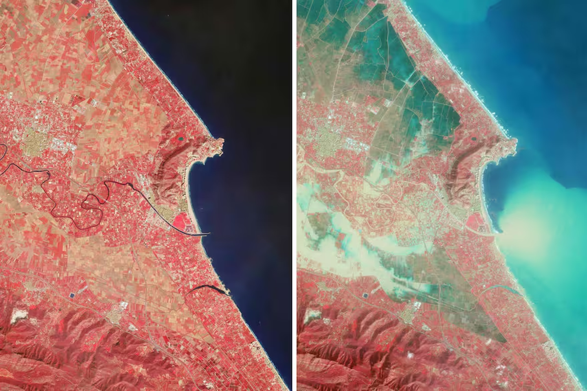 Esta combinación de imágenes distribuidas por Planet Labs PBC el 31 de octubre de 2024 muestra imágenes satelitales que representan la ciudad de Sueca, en la región de Valencia, tomadas el 29 de octubre de 2024 (izq.) y una segunda fotografía de la misma zona (der.) tomada el 30 de octubre de 2024, que muestra inundaciones alrededor de Sueca Esta combinación de imágenes distribuidas por Planet Labs PBC el 31 de octubre de 2024 muestra imágenes satelitales que representan la ciudad de Sueca, en la región de Valencia, tomadas el 29 de octubre de 2024 (izq.) y una segunda fotografía de la misma zona (der.) tomada el 30 de octubre de 2024, que muestra inundaciones alrededor de Sueca