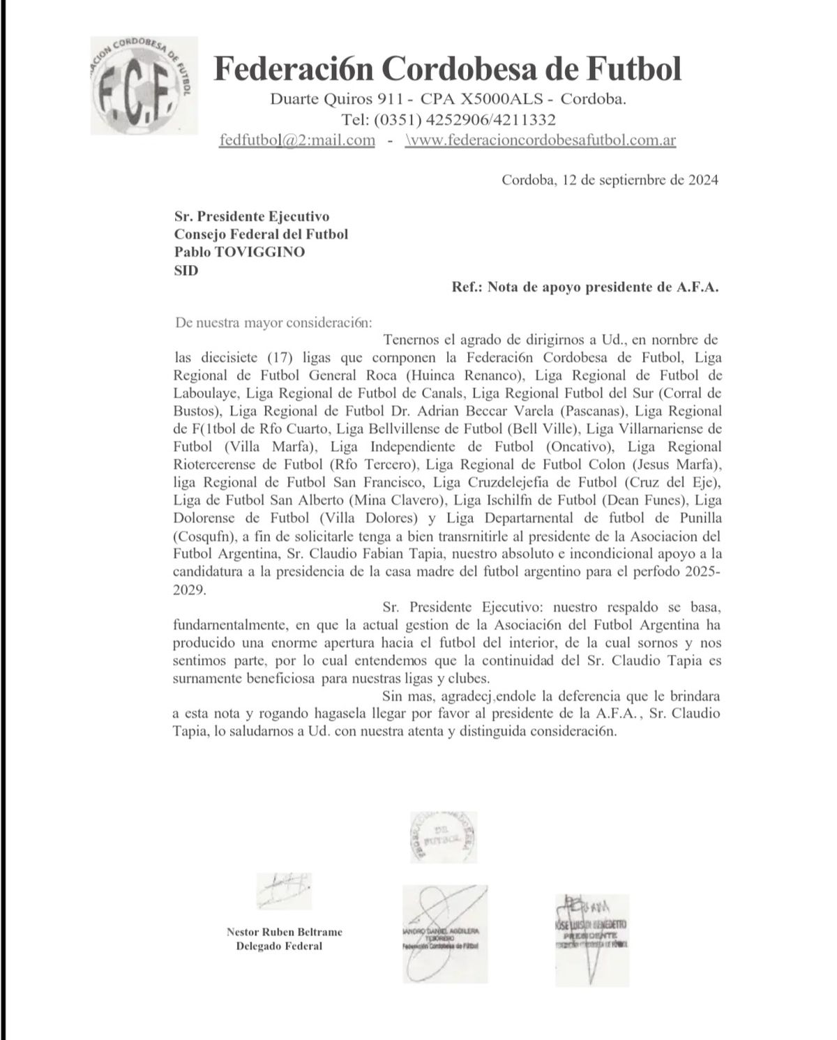 La Federación Cordobesa de Fútbol también apoya al actual presidente de AFA. La Federación Cordobesa de Fútbol también apoya al actual presidente de AFA.