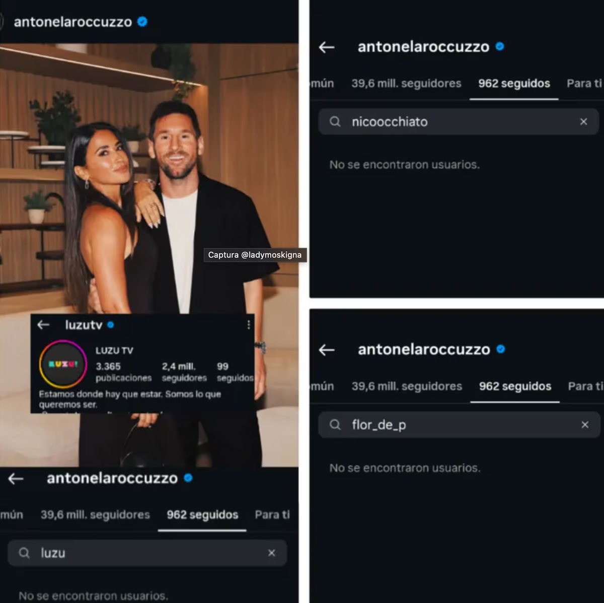 Antonela Roccuzzo dejó de seguir a Luzu TV, Nicolás Occhiato y Florencia Peña en redes sociales. Foto: Captura Instagram Antonela Roccuzzo dejó de seguir a Luzu TV, Nicolás Occhiato y Florencia Peña en redes sociales. Foto: Captura Instagram