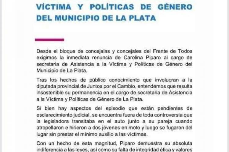 El comunicado de los concejales del Frente de Todos que exige la renuncia de Píparo
