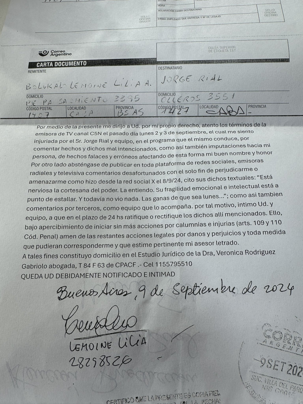 La carta documento que Lemoine llevó a C5N. La carta documento que Lemoine llevó a C5N. 