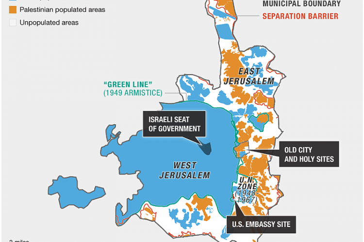 El mapa de Jerusalén permite comprender el avance de los colonos, quitándoles territorios a los palestinos en esa zona tan delicada: en color celeste, los asentamientos judíos ortodoxos.
