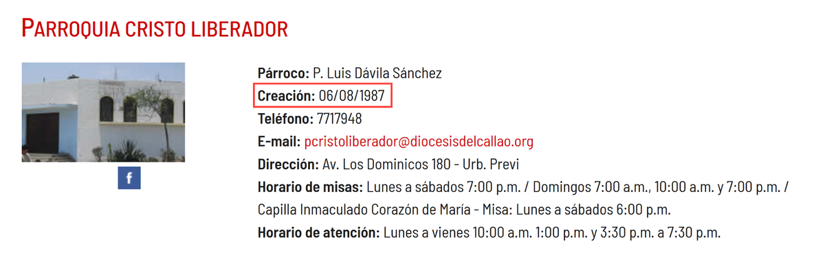 Captura de pantalla del sitio web de la Diócesis del Callao y año de creación.