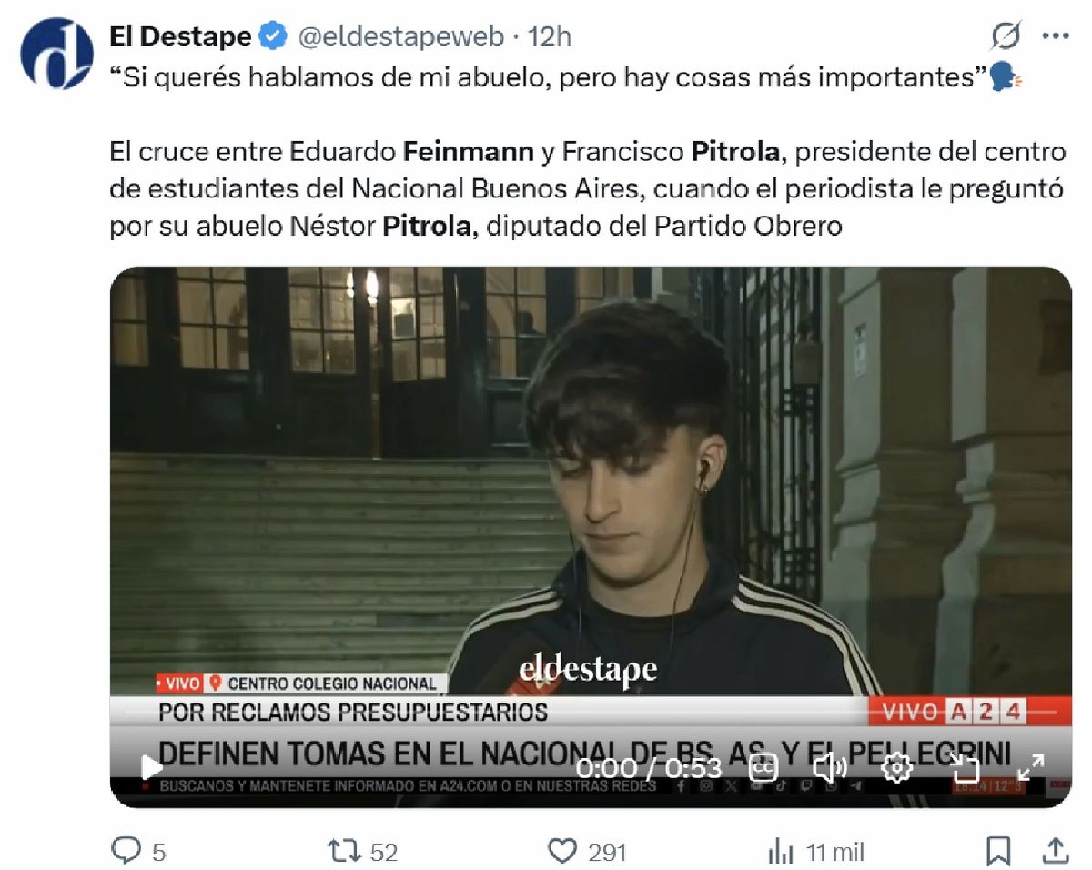 El tenso cruce entre Eduardo Feinmann y el nieto de Néstor Pitrola. El tenso cruce entre Eduardo Feinmann y el nieto de Néstor Pitrola.