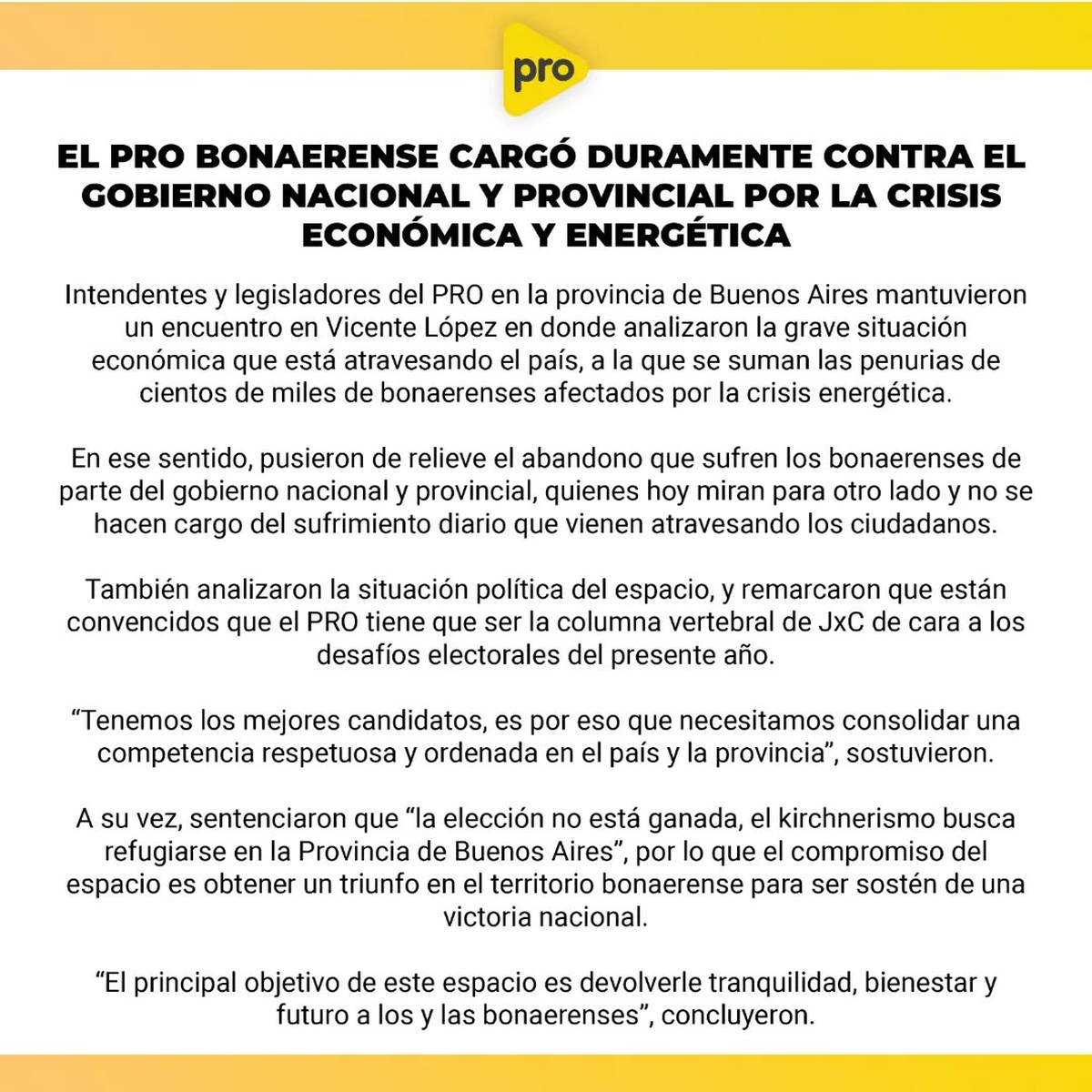 El comunicado oficial de la Mesa Provincial del PRO difundido por intendentes y legisladores bonaerenses.