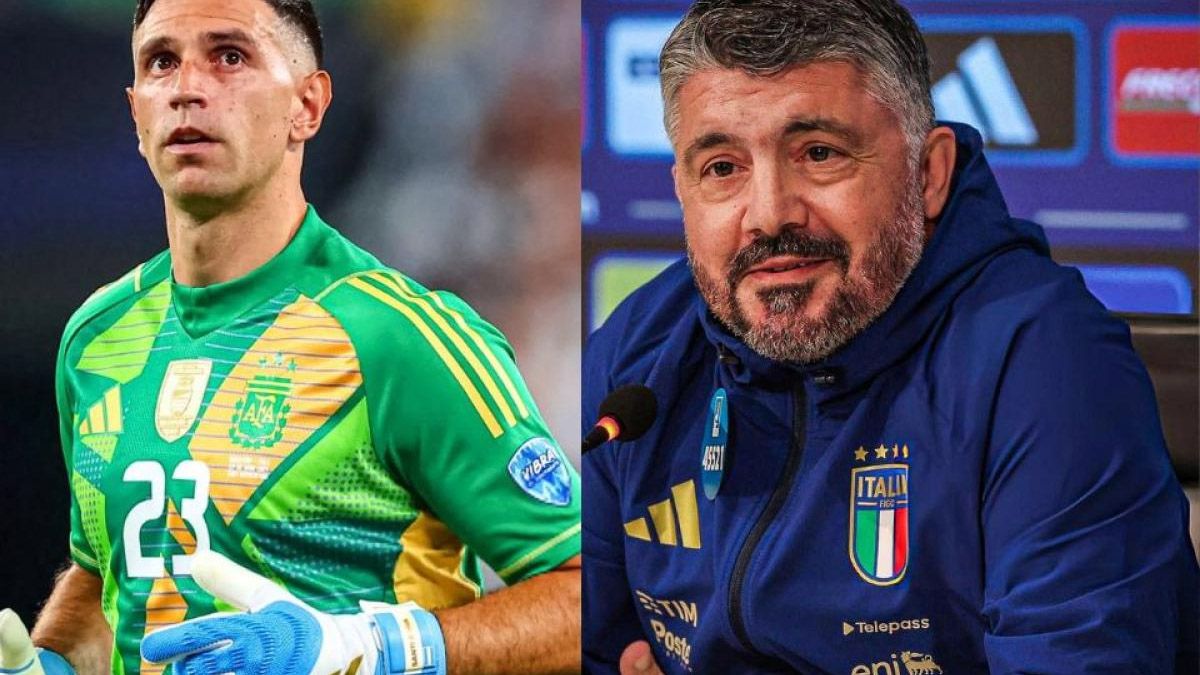 Emiliano Dibu Martínez respondió a las declaraciones del técnico de Italia, Gennaro Gattuso, por quejarse de Sudamérica: “Juegan siempre en canchas perfectas”. Emiliano Dibu Martínez respondió a las declaraciones del técnico de Italia, Gennaro Gattuso, por quejarse de Sudamérica: “Juegan siempre en canchas perfectas”.