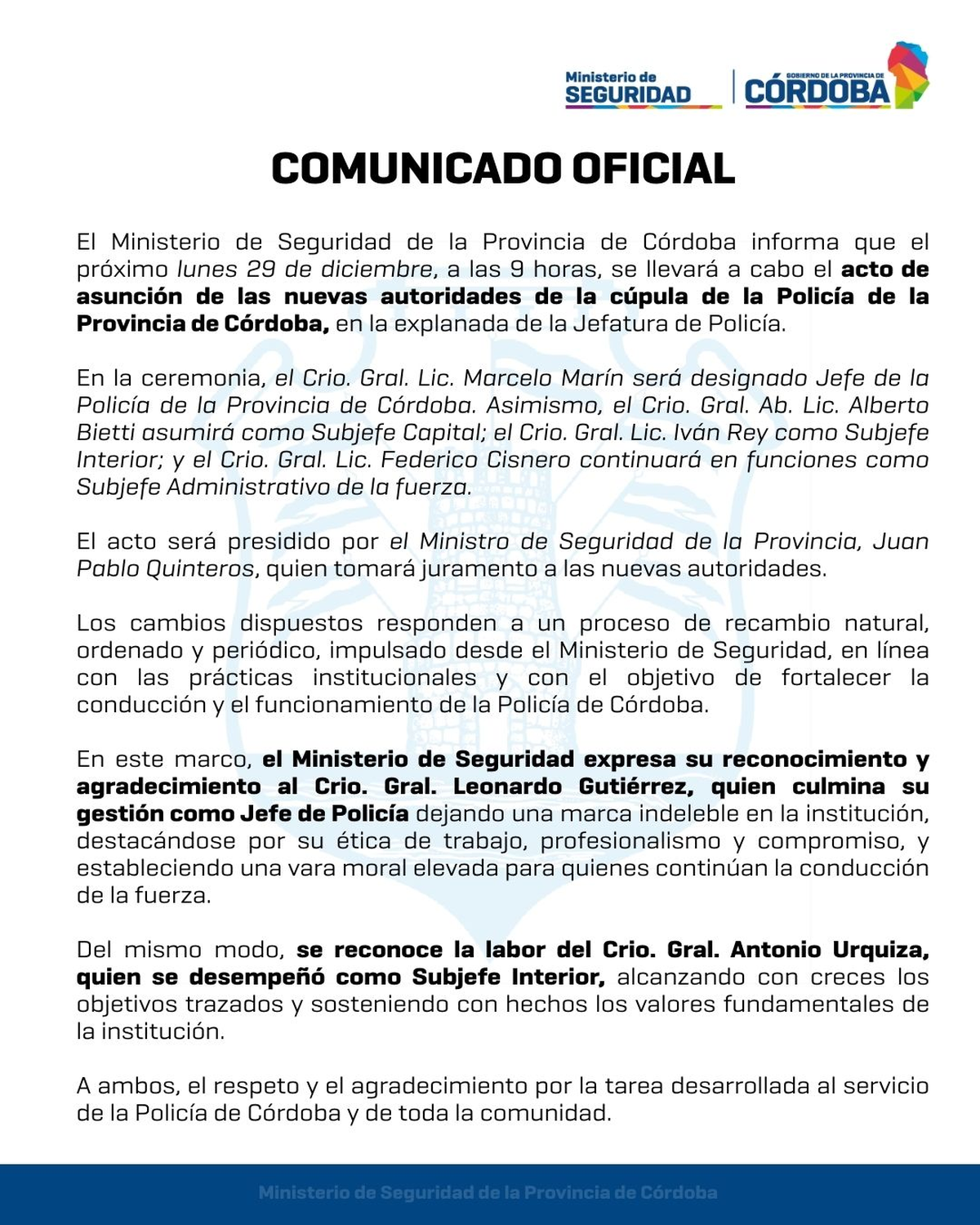 Cambios en la Policía de Córdoba. Cambios en la Policía de Córdoba. 