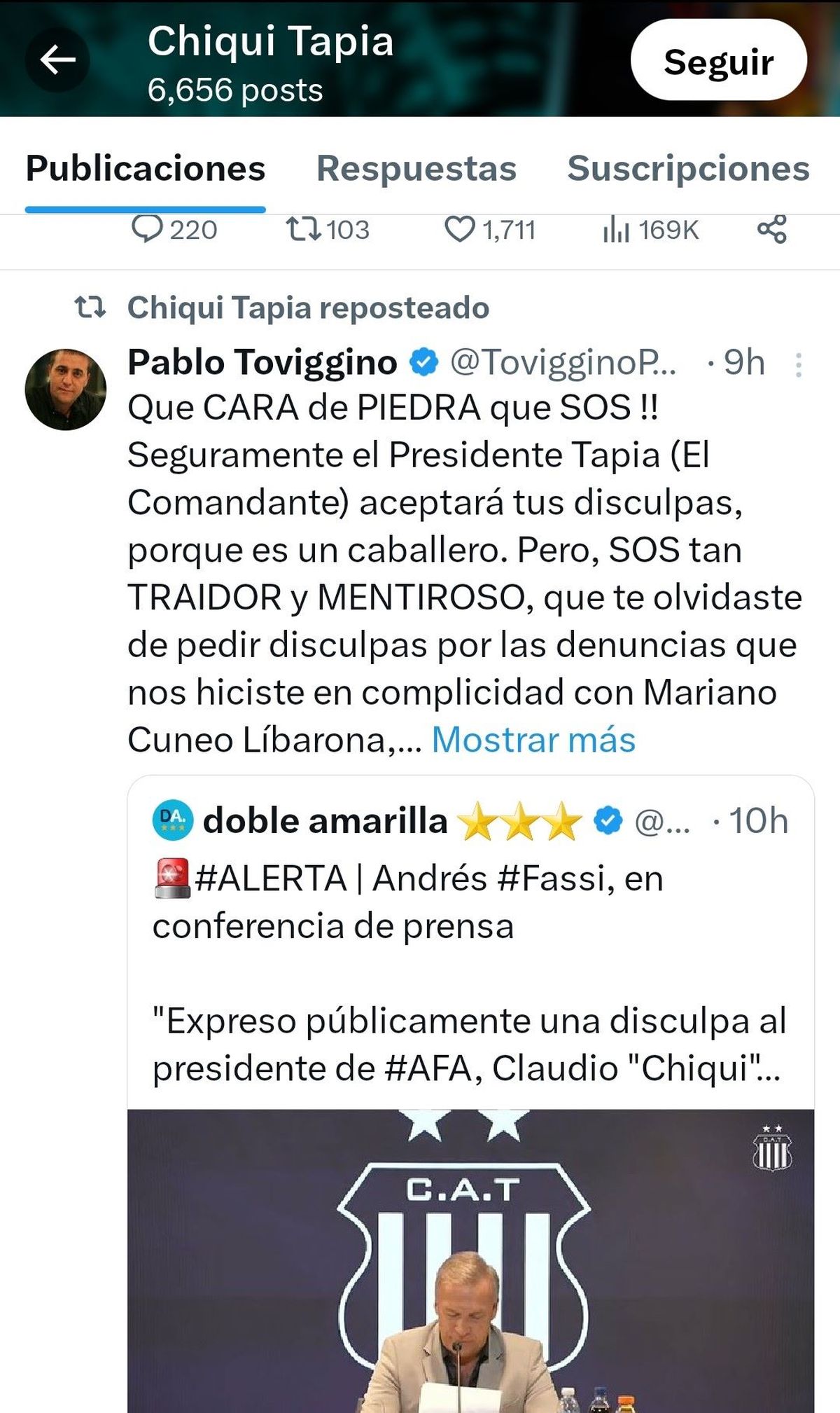 La publicación del Chiqui Tapia del tweet de Pablo Toviggino. La publicación del Chiqui Tapia del tweet de Pablo Toviggino.