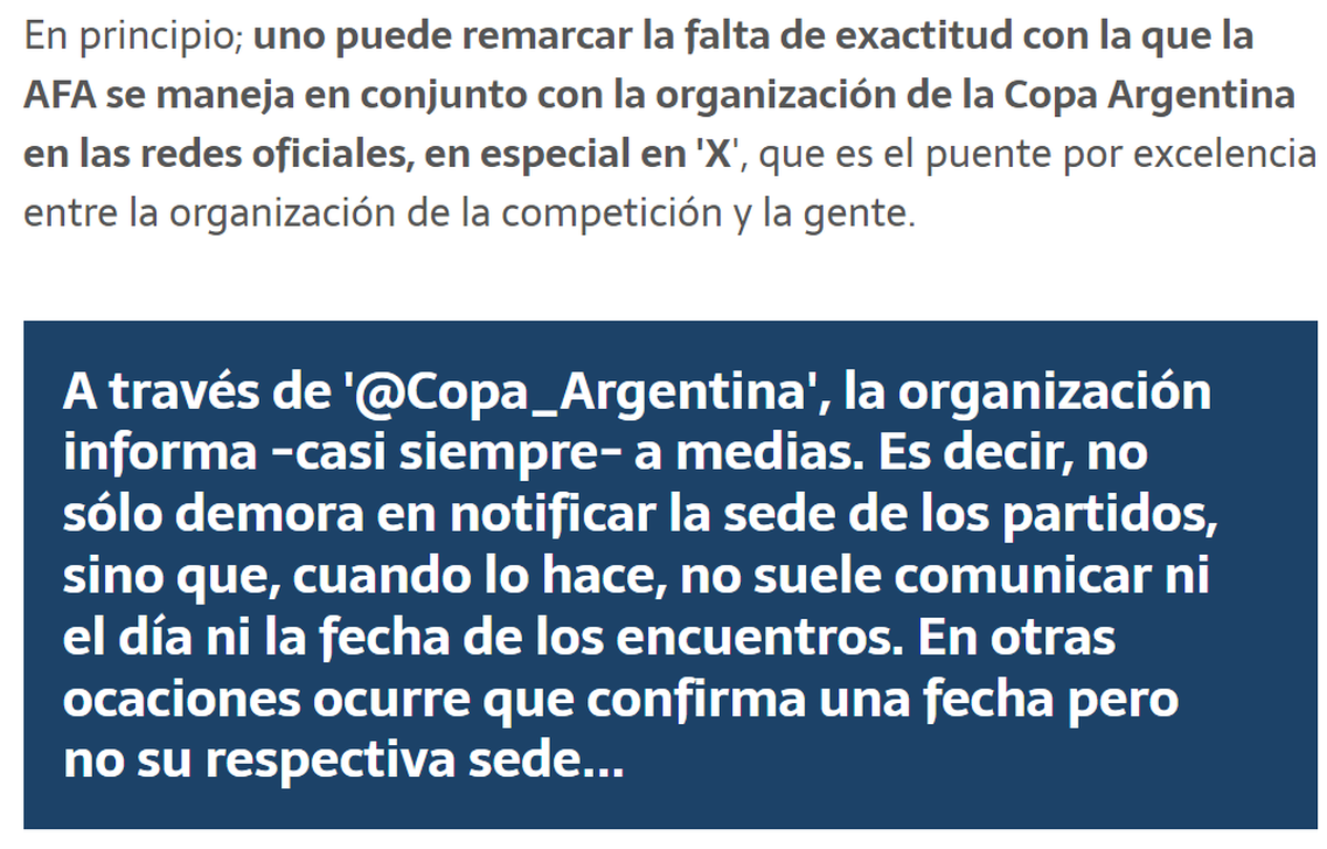 La columna vertebral de la nota que Urgente24 escribió sobre la desprolijidad operativa de la Copa Argentina. La columna vertebral de la nota que Urgente24 escribió sobre la desprolijidad operativa de la Copa Argentina.
