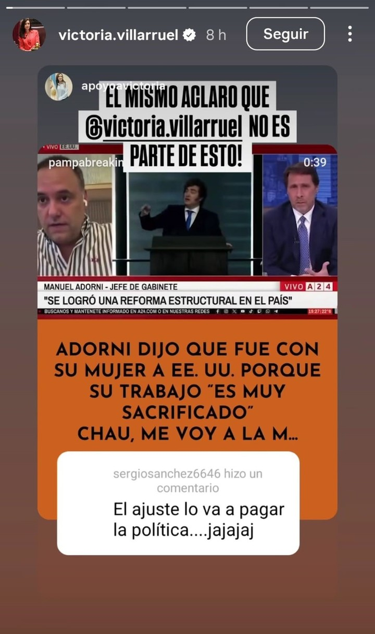 El posteo de Victoria Villarruel sobre el viaje de la esposa de Manuel Adorni en el avión presidencial. El posteo de Victoria Villarruel sobre el viaje de la esposa de Manuel Adorni en el avión presidencial.