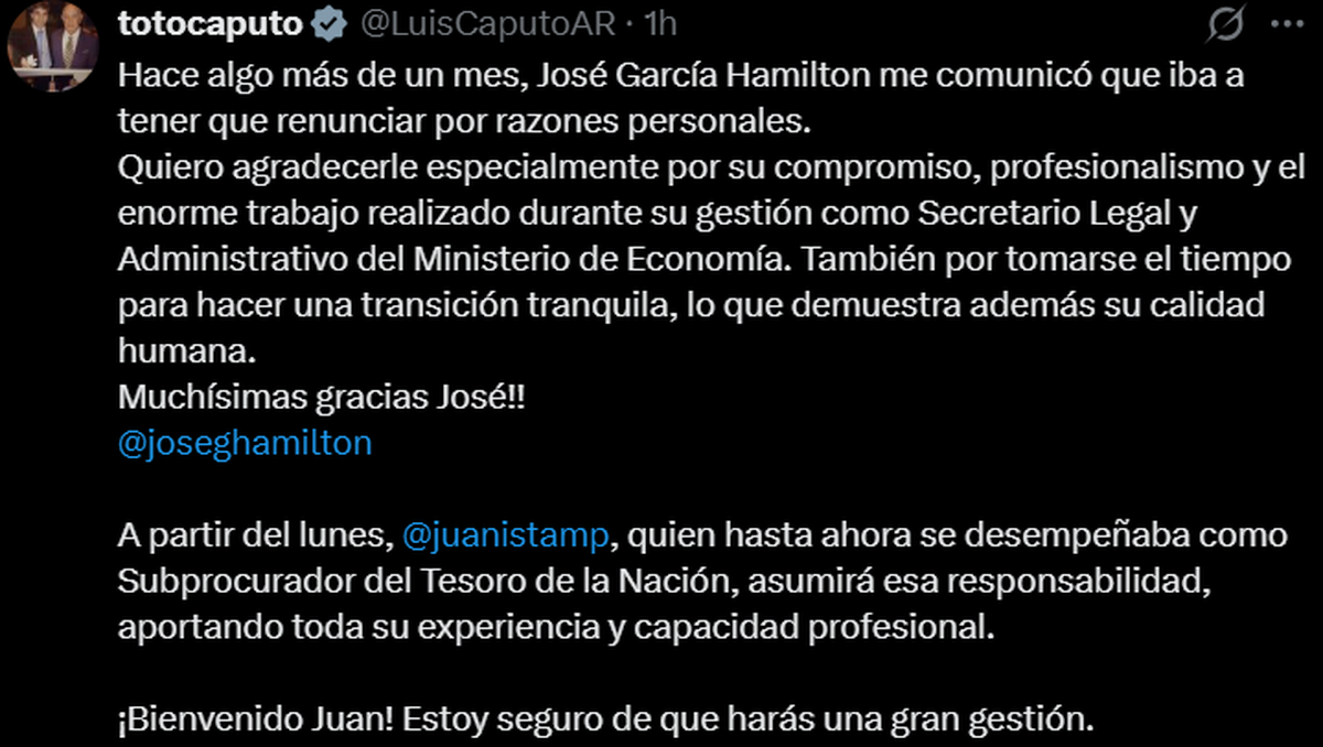 El mensaje de Luis Caputo en su cuenta de X.