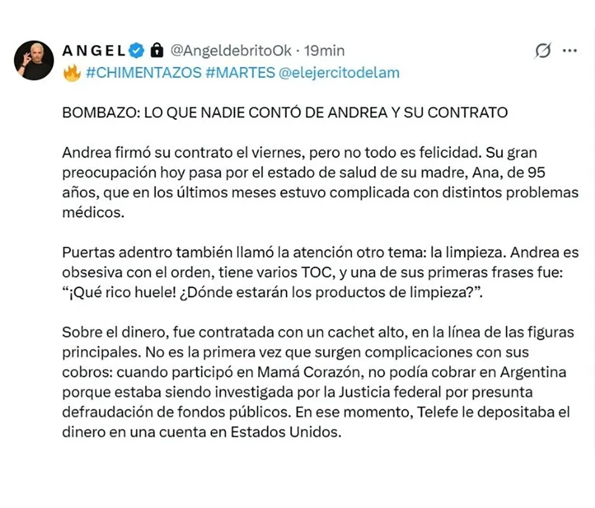 Andrea del Boca cobra entre 24 y 30 millones por mes en Gran Hermano, muy por encima del resto, según reveló Ángel de Brito. Andrea del Boca cobra entre 24 y 30 millones por mes en Gran Hermano, muy por encima del resto, según reveló Ángel de Brito.