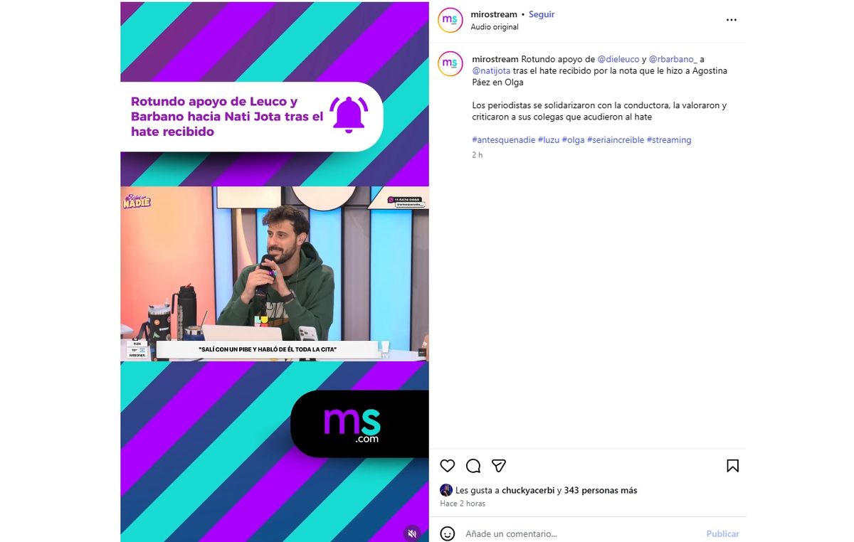 Diego Leuco defendió a Nati Jota tras su entrevista a Agostina Páez. Diego Leuco defendió a Nati Jota tras su entrevista a Agostina Páez.