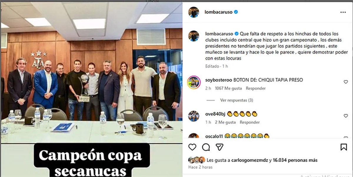 Ricardo Caruso Lombardi explotó contra el presidente de la AFA, Claudio Chiqui Tapia, por el polémico título de Rosario Central y calificó de “Copa Seca Nucas”. Ricardo Caruso Lombardi explotó contra el presidente de la AFA, Claudio Chiqui Tapia, por el polémico título de Rosario Central y calificó de “Copa Seca Nucas”.