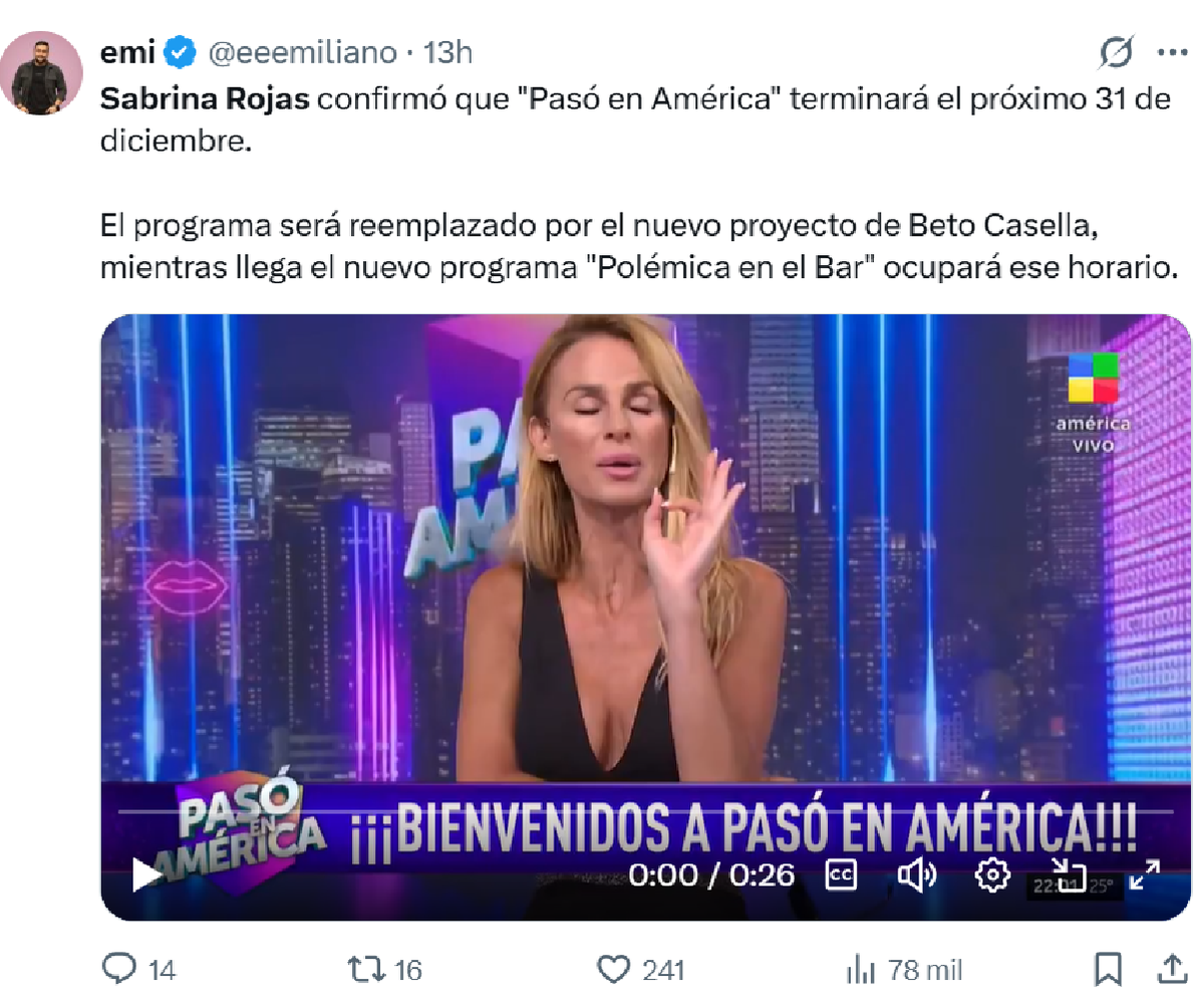 Sabrina Rojas anunció el final del programa Pasó en América. Sabrina Rojas anunció el final del programa Pasó en América.