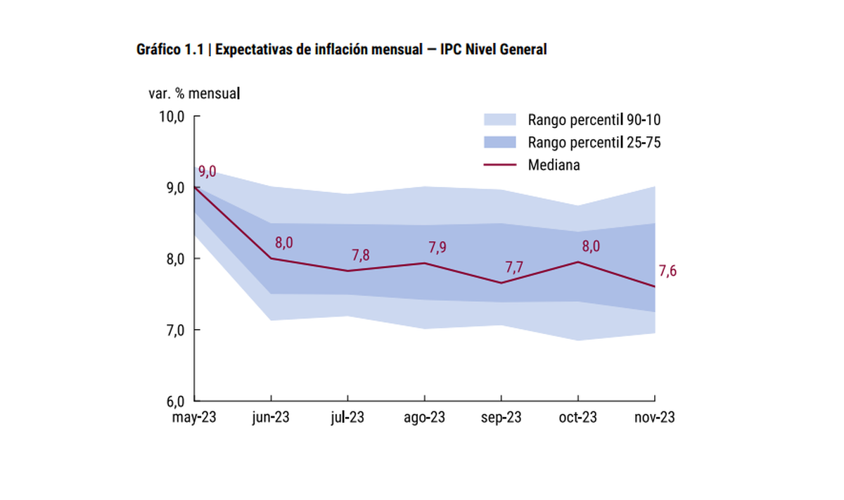 Según el REM, difundido por el Banco Central, arrojó que los analistas estimaron una inflación mensual de 9% para mayo, que marcaría un pico y desde entonces no volvería a superar el 8%.