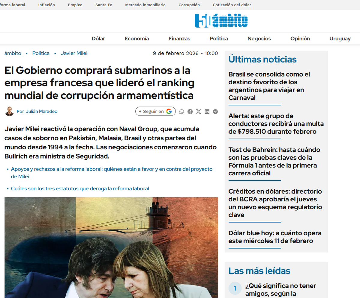 Ámbito publicó que el Gobierno acordó comprar submarinos a la empresa francesa Naval Group y enmarcó la decisión como política y estratégica. Ámbito publicó que el Gobierno acordó comprar submarinos a la empresa francesa Naval Group y enmarcó la decisión como política y estratégica.