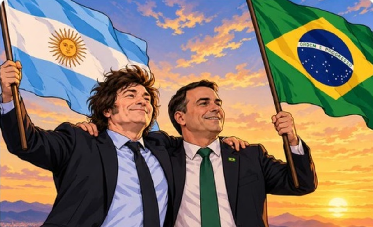 Javier Milei y Fl&aacute;vio Bolsonaro en una imagen de IA que difundi&oacute; el diputado libertario Luis Petri antes de conocerse la victoria de Lula.