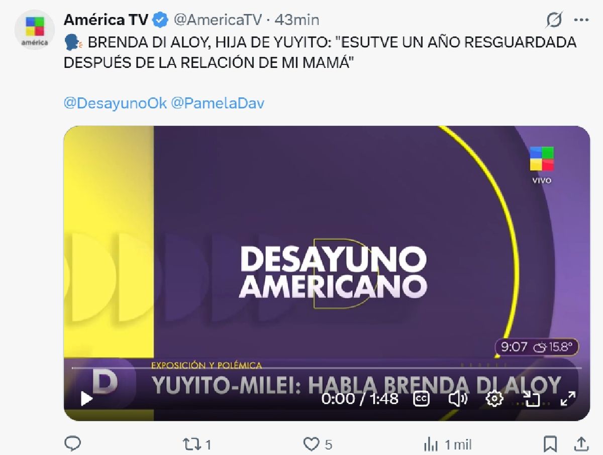 Brenda Di Aloy, hija de Yuyito González, recordó con pesar la exposición que tuvo tras el romance de su madre con el presidente Javier Milei. Brenda Di Aloy, hija de Yuyito González, recordó con pesar la exposición que tuvo tras el romance de su madre con el presidente Javier Milei.