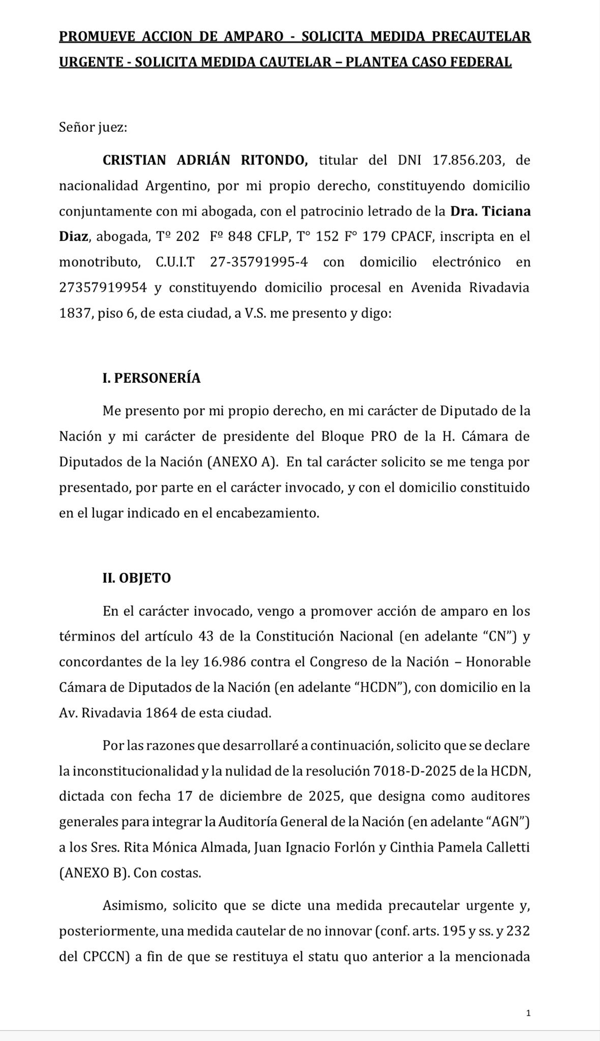 Cristian Ritondo pidió un amparo para que se declare inconstitucional la designación de auditores de la AGN Cristian Ritondo pidió un amparo para que se declare inconstitucional la designación de auditores de la AGN