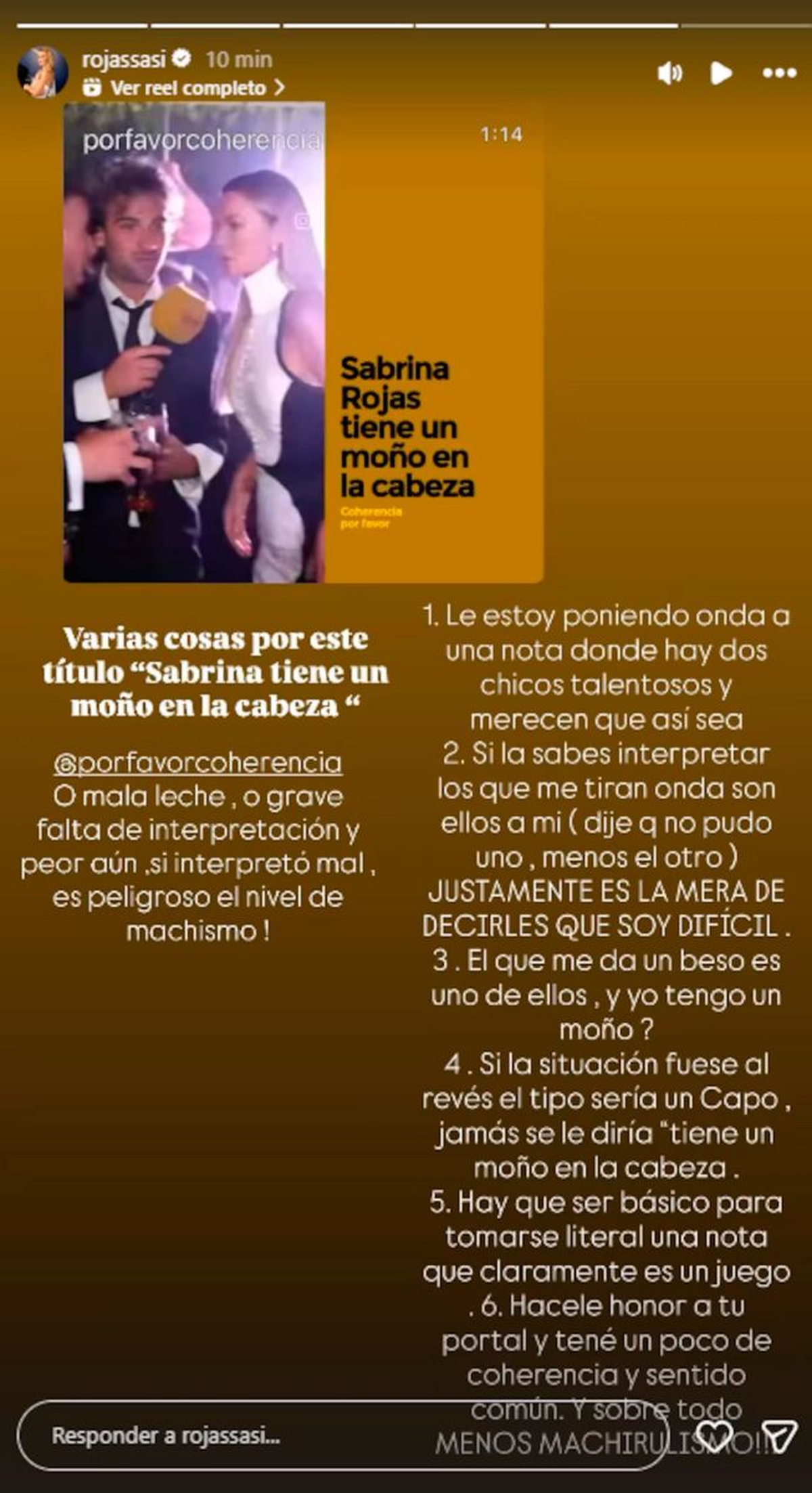 Rojas respondió en Instagram, señalando la doble vara y el machismo implícito en los medios de espectáculos. Reclamó coherencia, sentido común y defendió que su humor no debía malinterpretarse. Rojas respondió en Instagram, señalando la doble vara y el machismo implícito en los medios de espectáculos. Reclamó coherencia, sentido común y defendió que su humor no debía malinterpretarse.