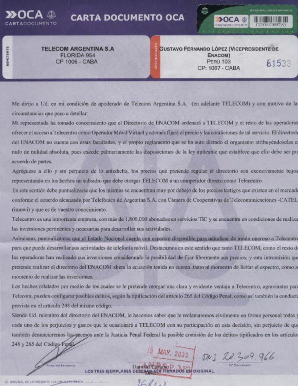 La carta documento que el representante de Telecom le envió al ENACOM.